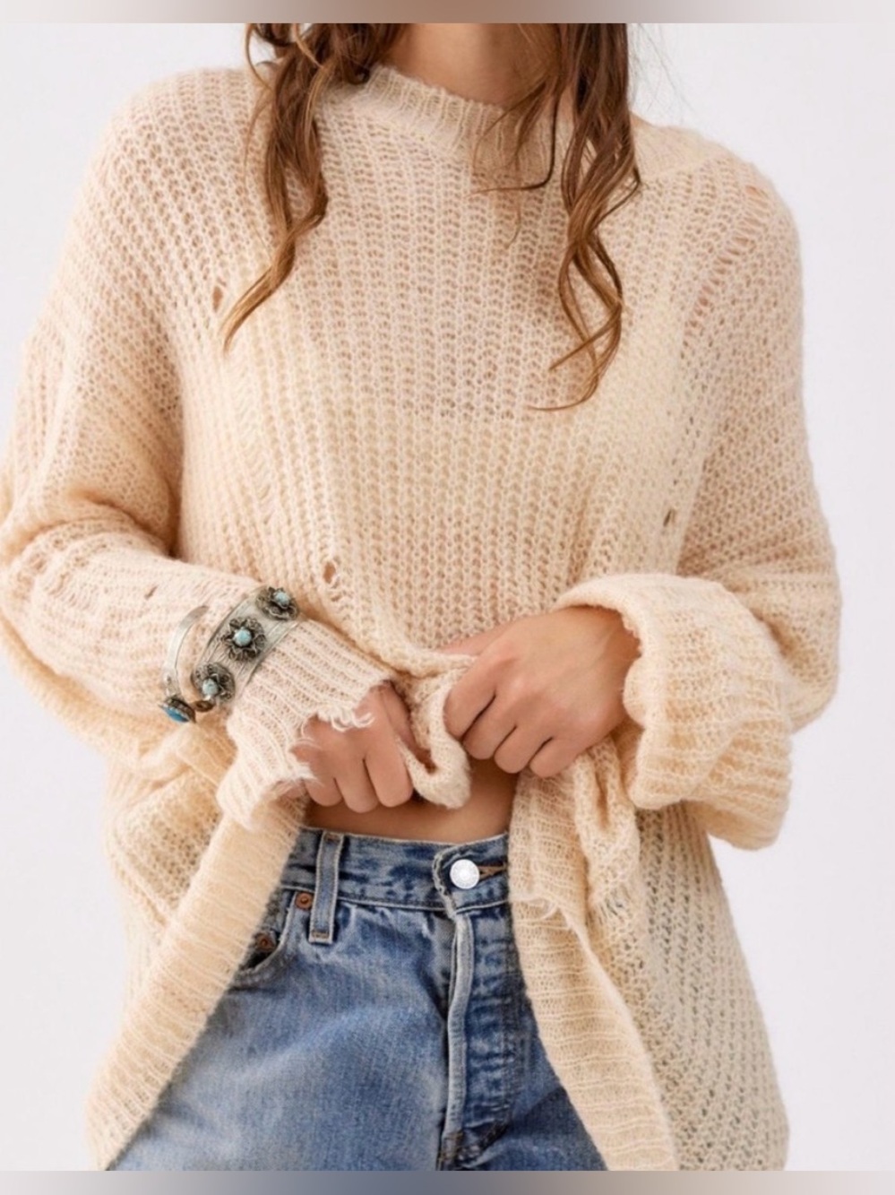 Urban Outfitters Alston distressed pullover sweater cream cottagecore fall M